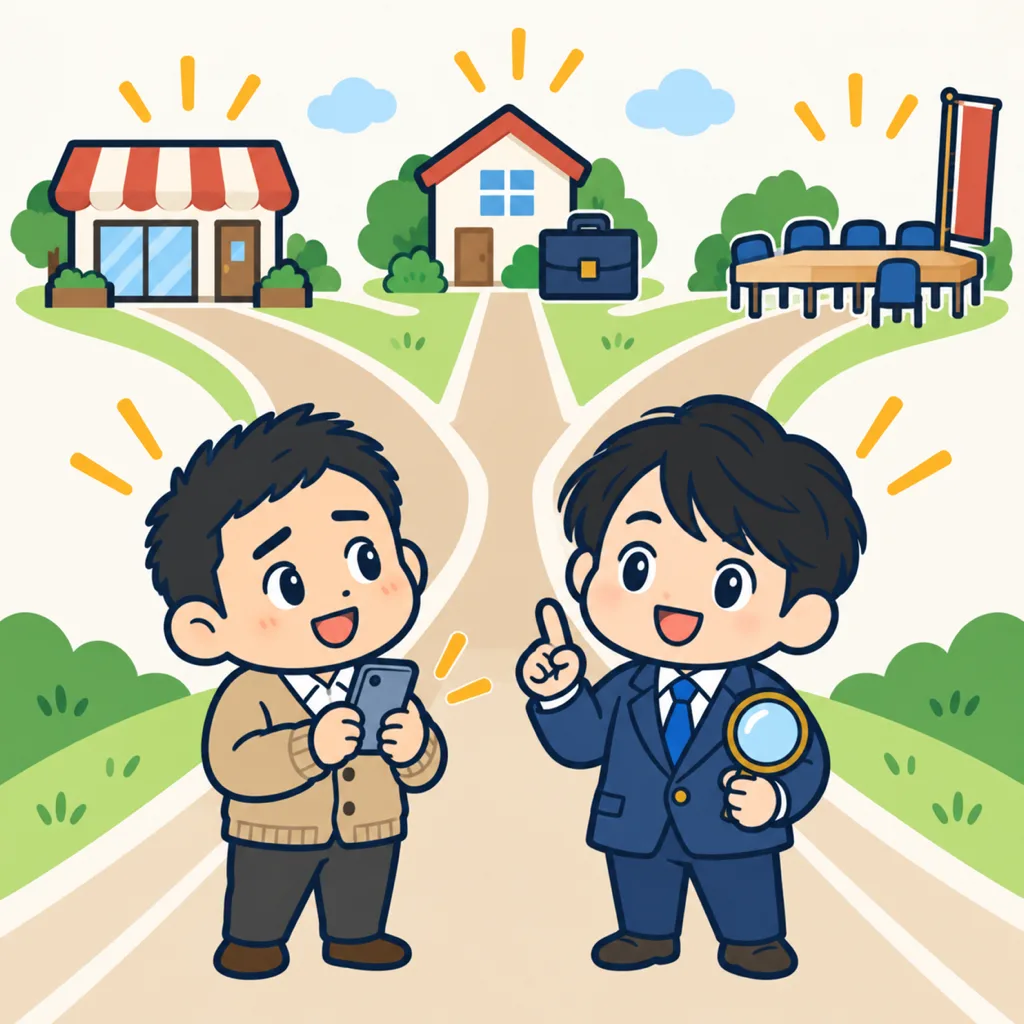 店・家・催事の3つの道の前に立つ2人