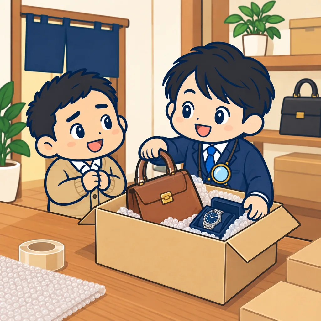 買い取った品を箱に詰めて、売り先へ送る準備をしている様子